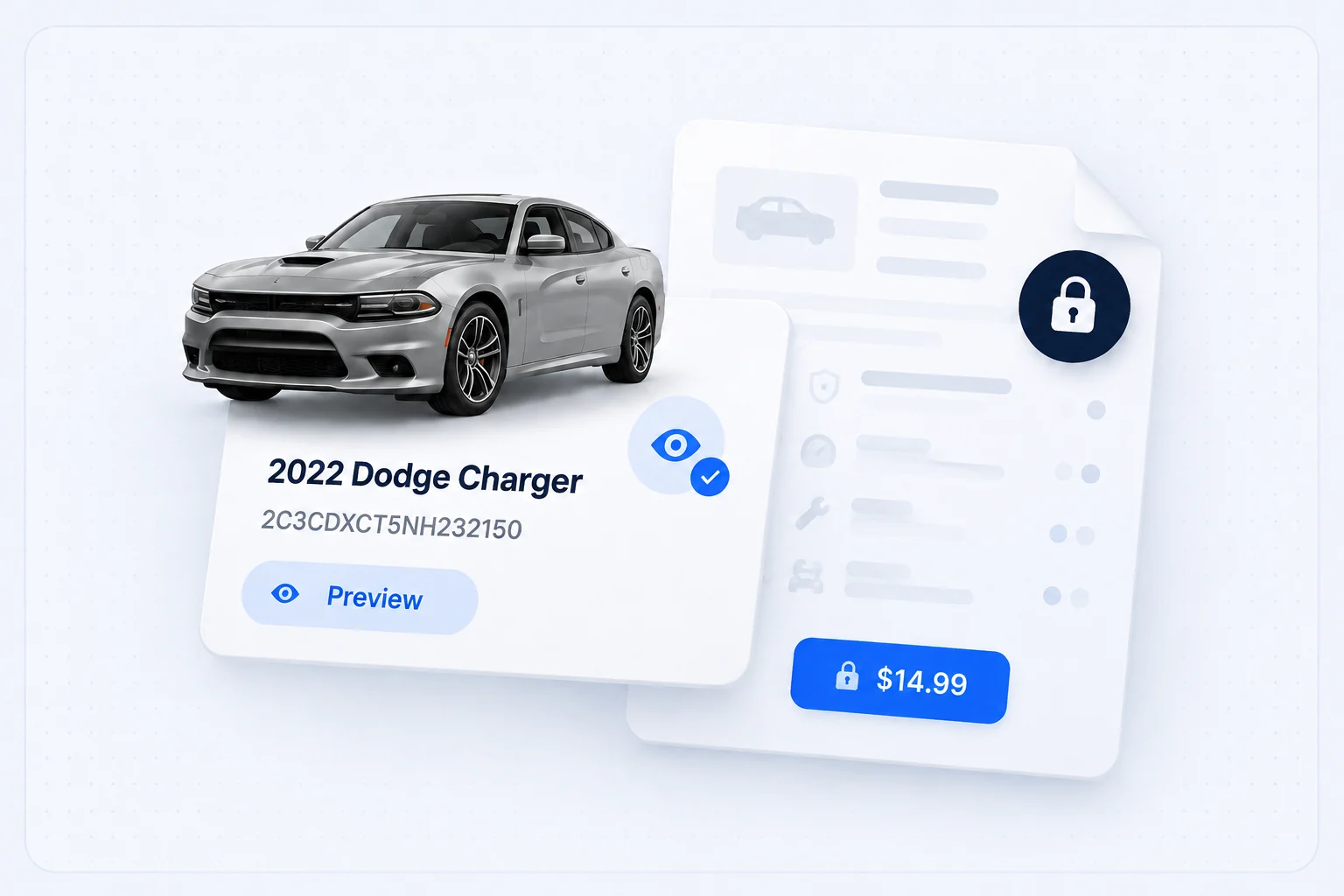 Preview screen: the identified car, its VIN and the report price.