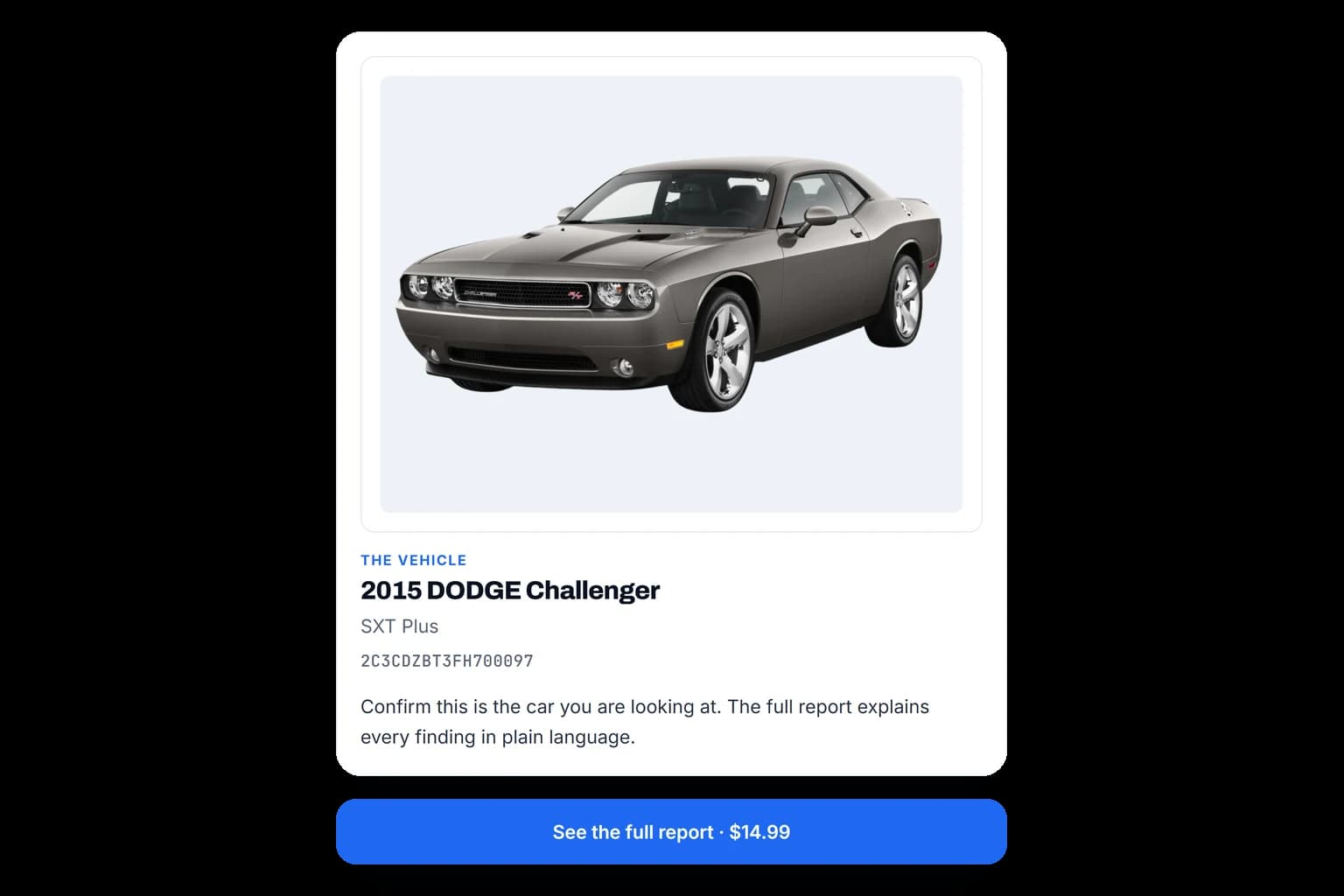 Preview screen: the identified car, its VIN and the report price.