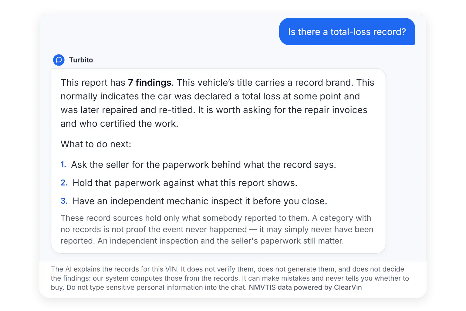 A conversation with the AI about whether this car has a total-loss record.