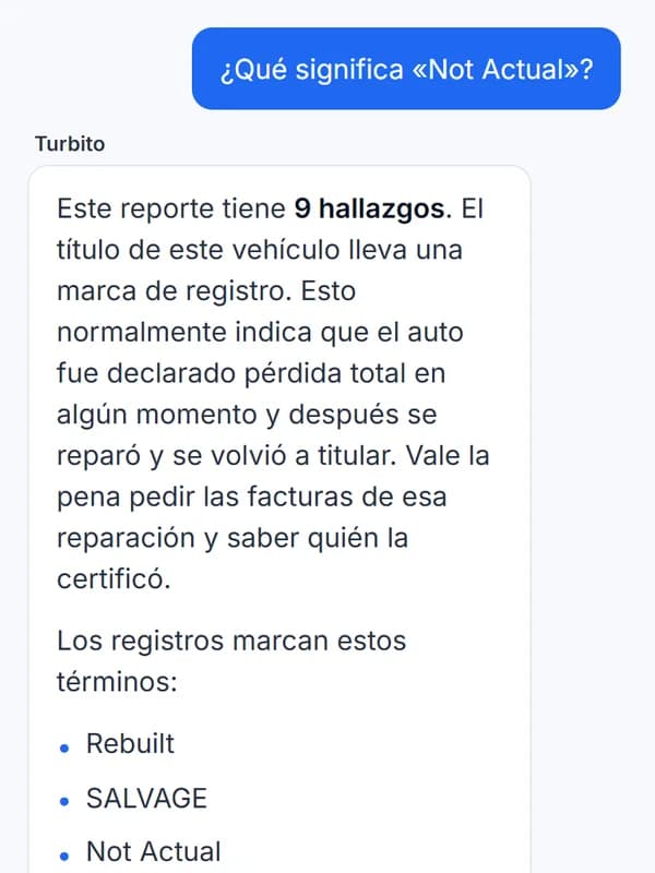 Respuesta del chat del reporte a una pregunta sobre «Not Actual»: explica la marca del título y qué pedirle al vendedor.
