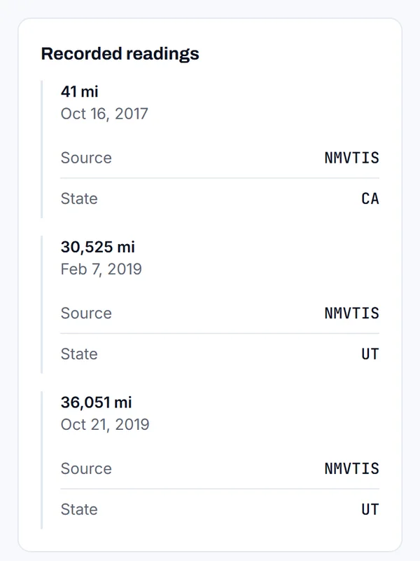 Recorded odometer readings in order: 41 miles in 2017, 30,525 and 36,051 in 2019, each with its source and state.
