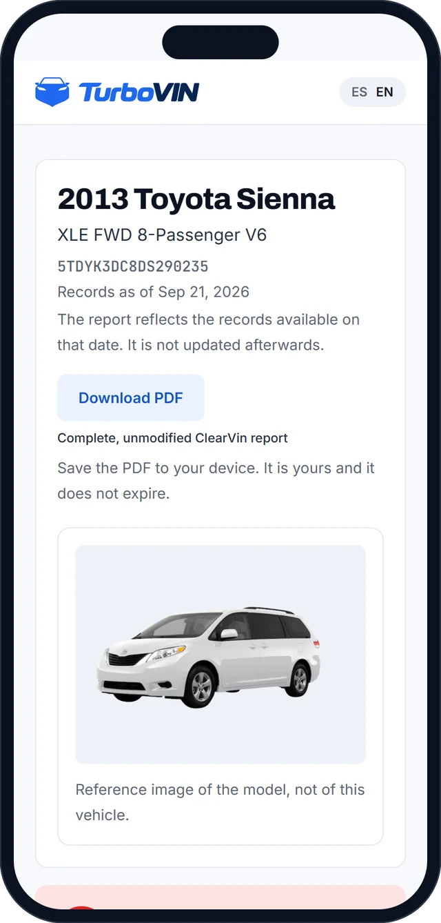 The same report on a phone: 2013 Toyota Sienna, its VIN, the button for ClearVin's full PDF and a stock image of the model, which is not that car.