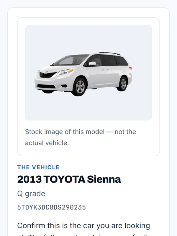 The free preview before paying: 2013 Toyota Sienna, its VIN and a stock image of the model, which is not that car.